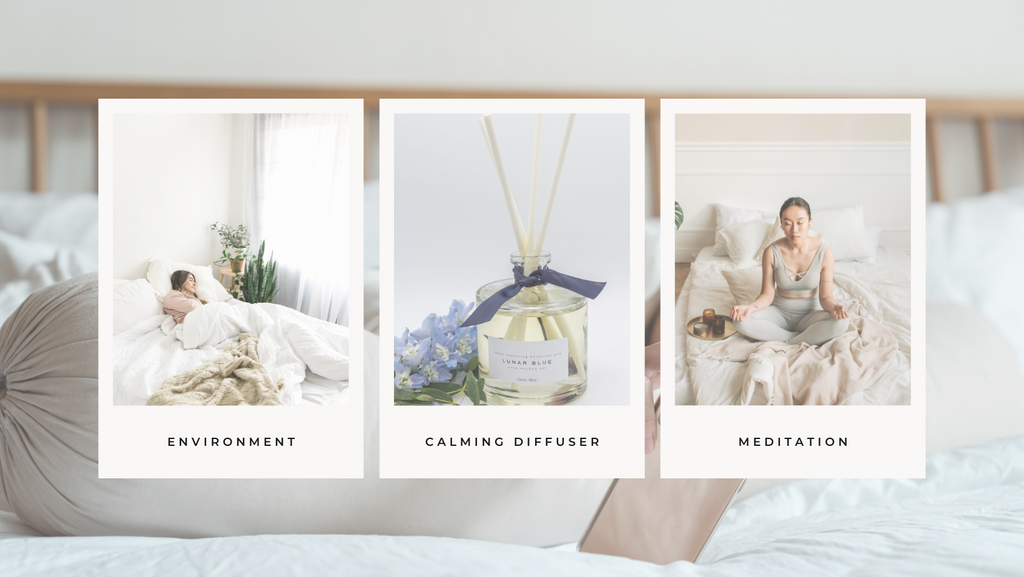 Meditation, calming diffuser and restful sleeping woman