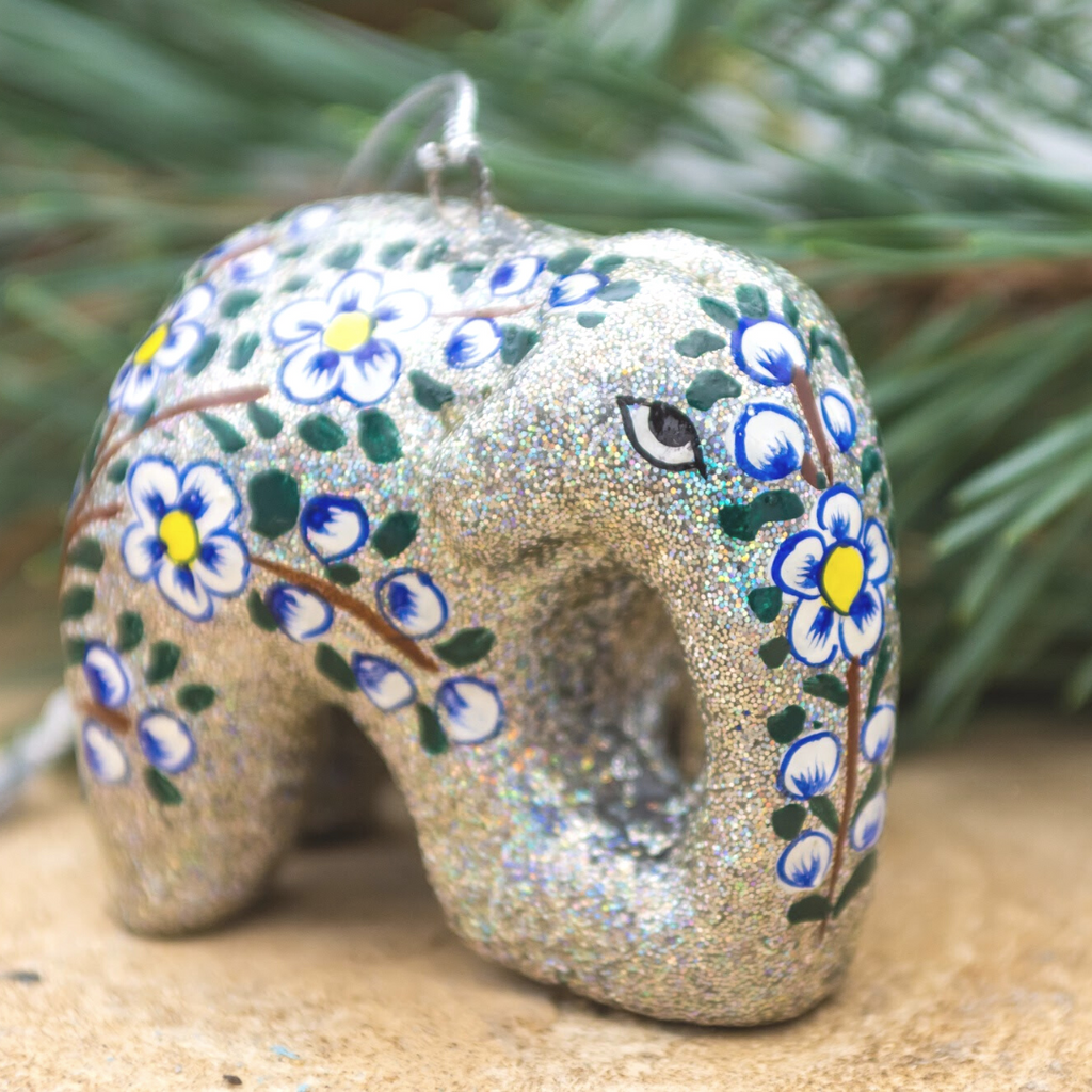 Hanging  Christmas Tree Ornament - Silver Glitter Elephant With Blue Flowers